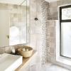 Salle de bain de luxe en pierre et en bois de l'hôtel 19-21 avec grande vitre floutée 